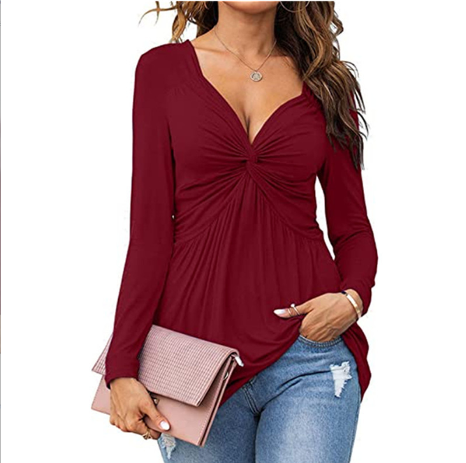 EMMA™ - Casual V-Neck Front Knotted Blouse with Long Sleeves