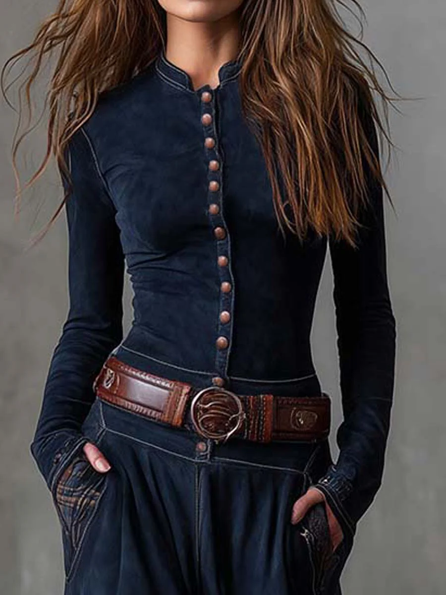 Martina · Vintage Long Dress in Navy Blue Suede