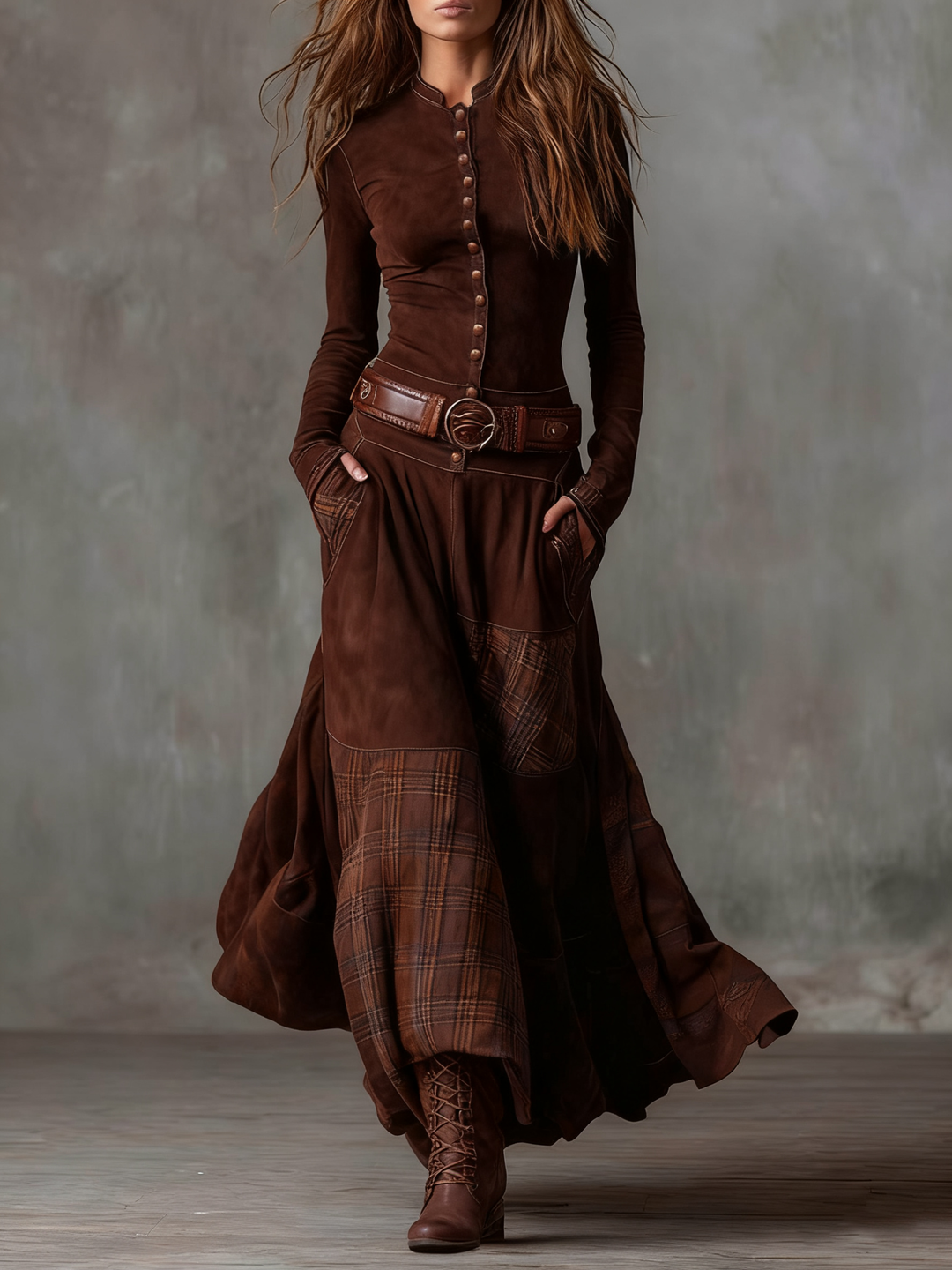 Vintage Suede Maxi Dress with Plaid Panels