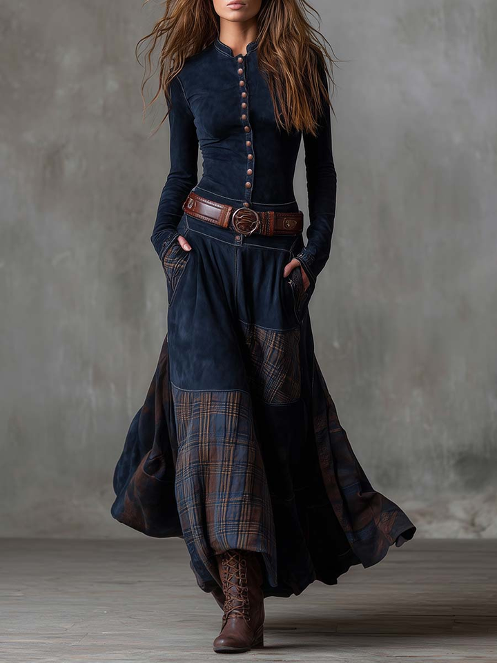 Martina · Vintage Long Dress in Navy Blue Suede