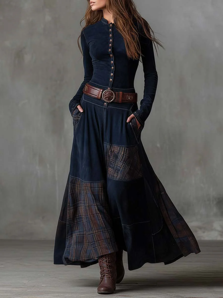 Vintage Suede Maxi Dress with Plaid Panels