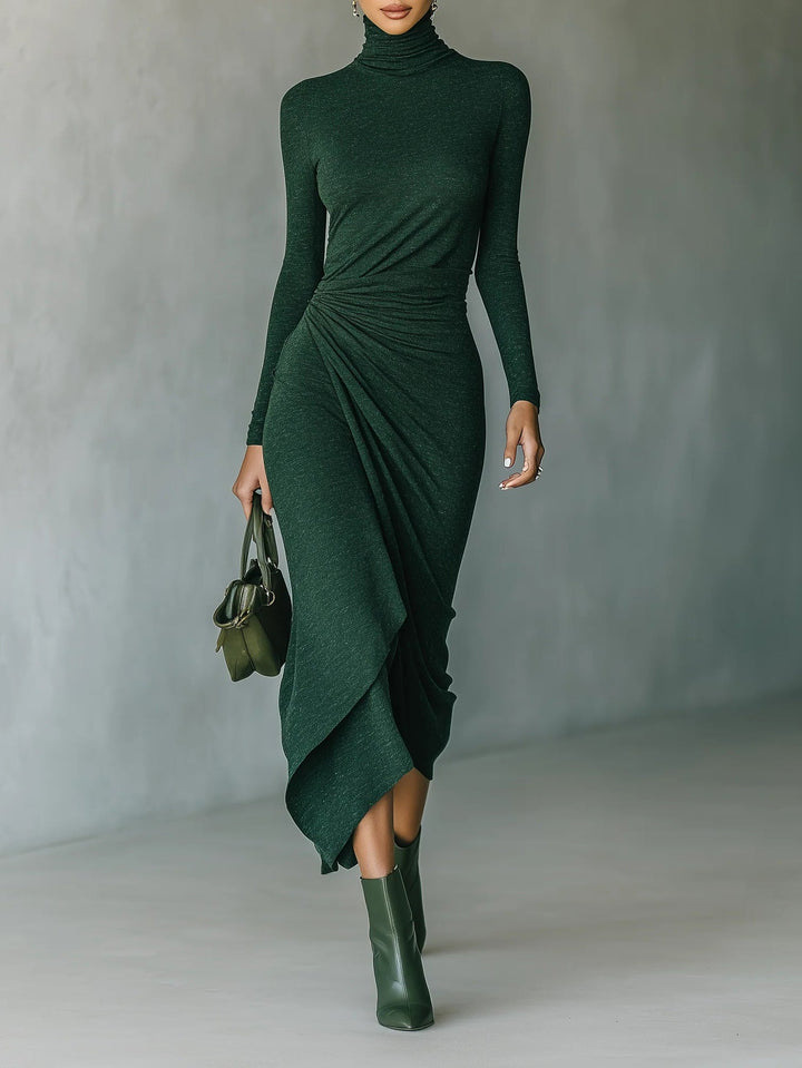 Lenora · Asymmetrical wrap midi dress with pleats and high collar in dark green