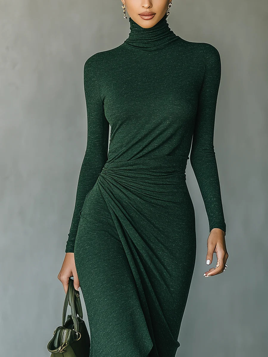 Lenora · Asymmetrical wrap midi dress with pleats and high collar in dark green