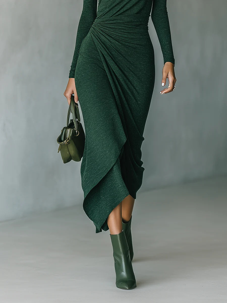 Lenora · Asymmetrical wrap midi dress with pleats and high collar in dark green