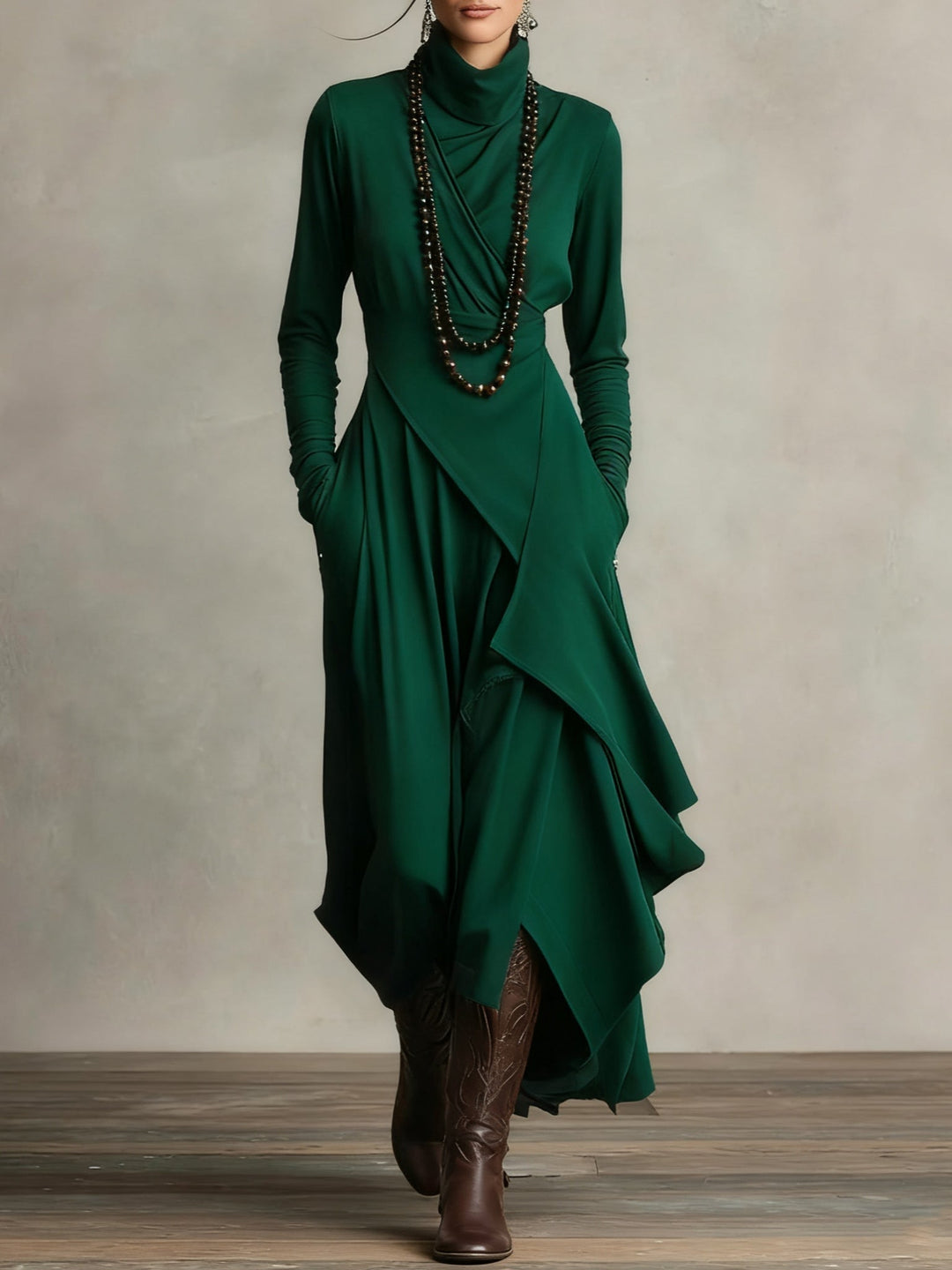 Aurelia · Asymmetrical Pleated Maxi Dress with High Collar