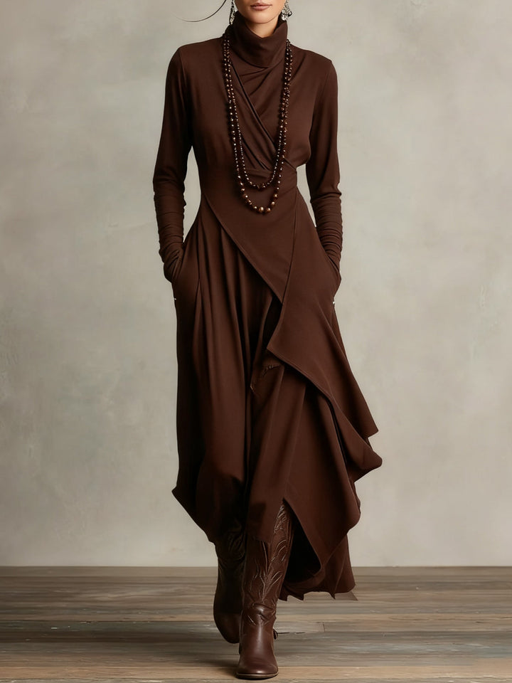 Aurelia · Asymmetrical Pleated Maxi Dress with High Collar
