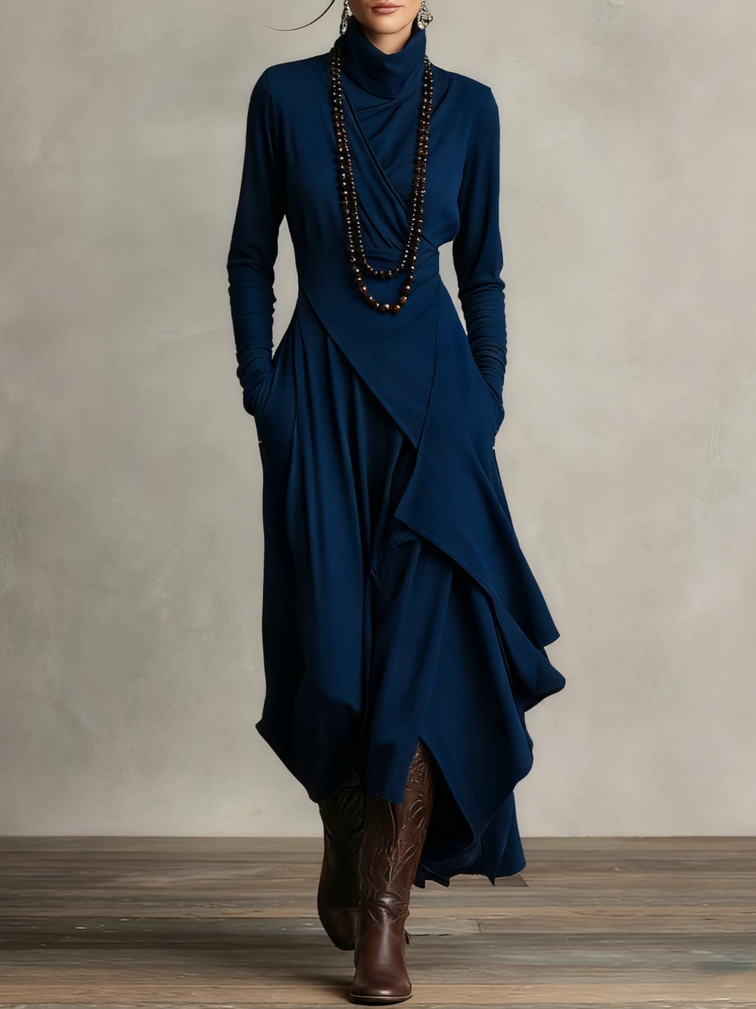 Aurelia · Asymmetrical Pleated Maxi Dress with High Collar
