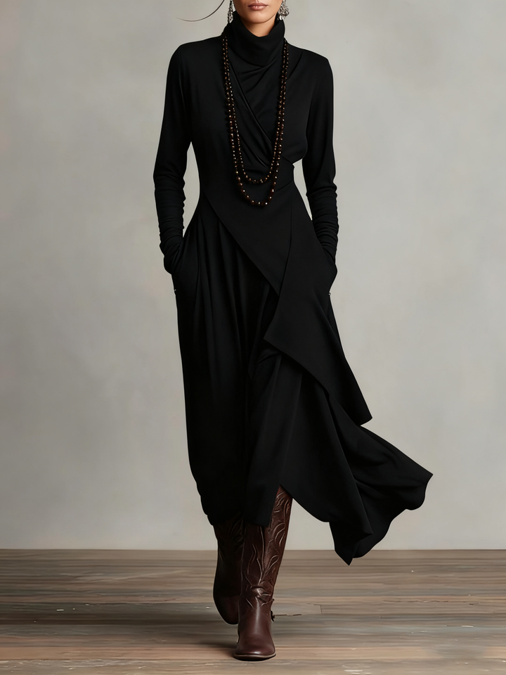 Aurelia · Asymmetrical Pleated Maxi Dress with High Collar