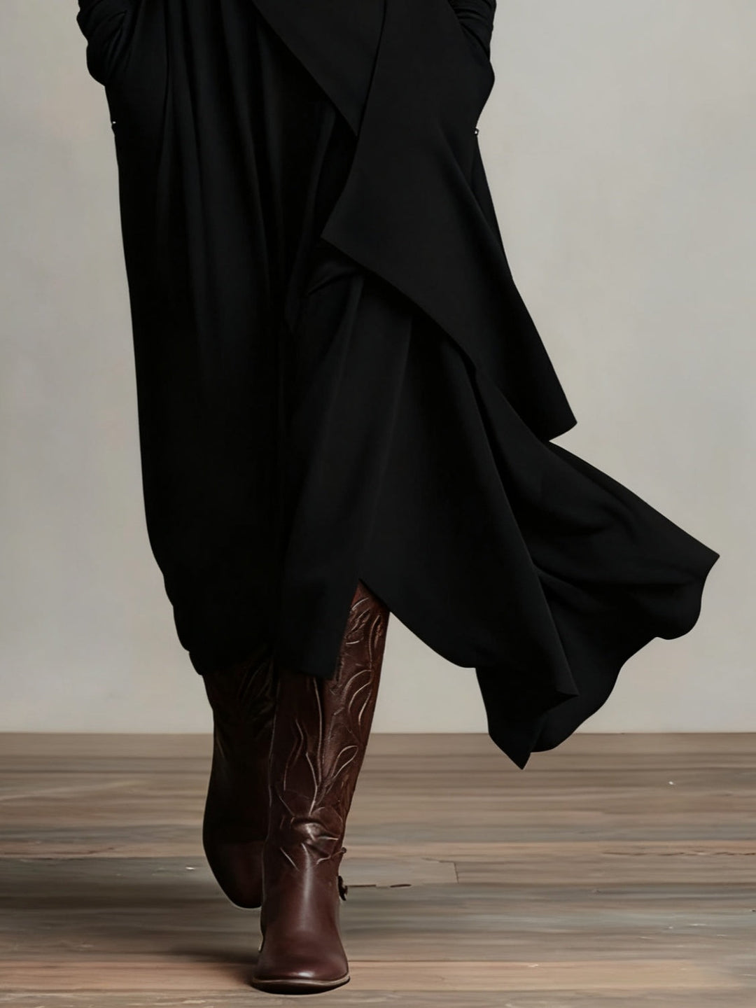 Aurelia · Asymmetrical Pleated Maxi Dress with High Collar