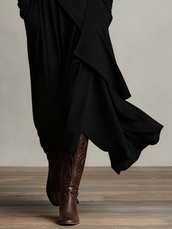 Aurelia · Asymmetrical Pleated Maxi Dress with High Collar