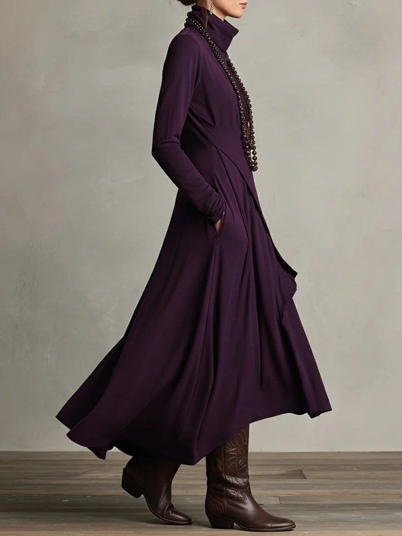 Aurelia · Asymmetrical Pleated Maxi Dress with High Collar