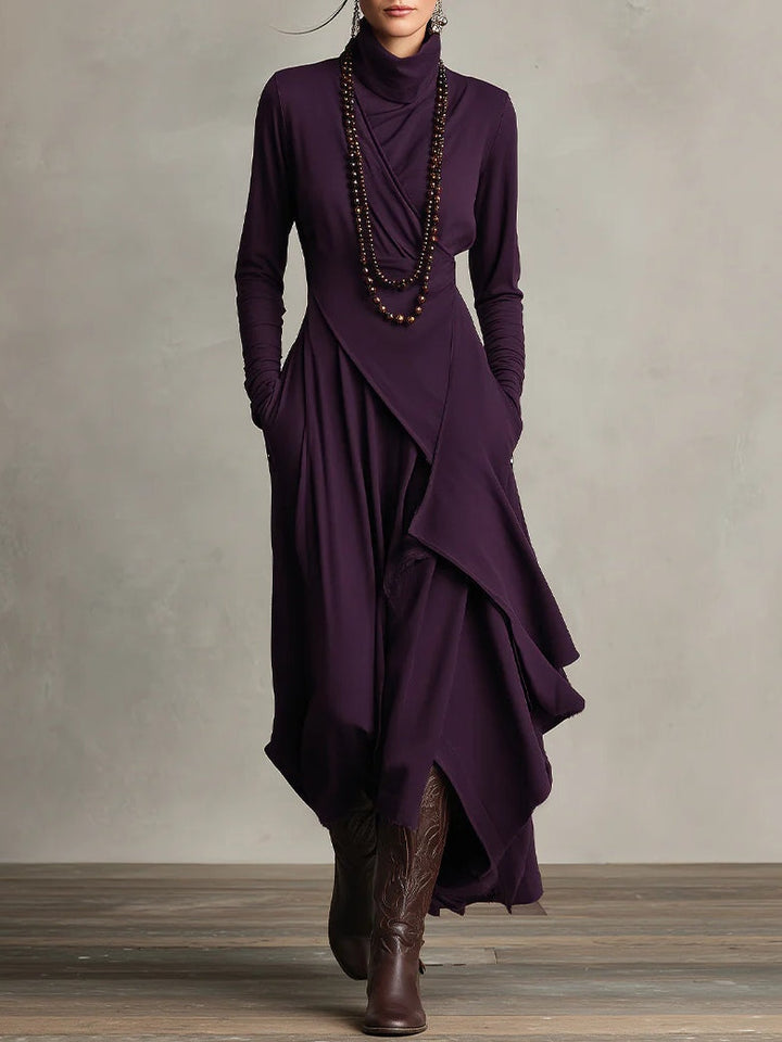 Aurelia · Asymmetrical Pleated Maxi Dress with High Collar