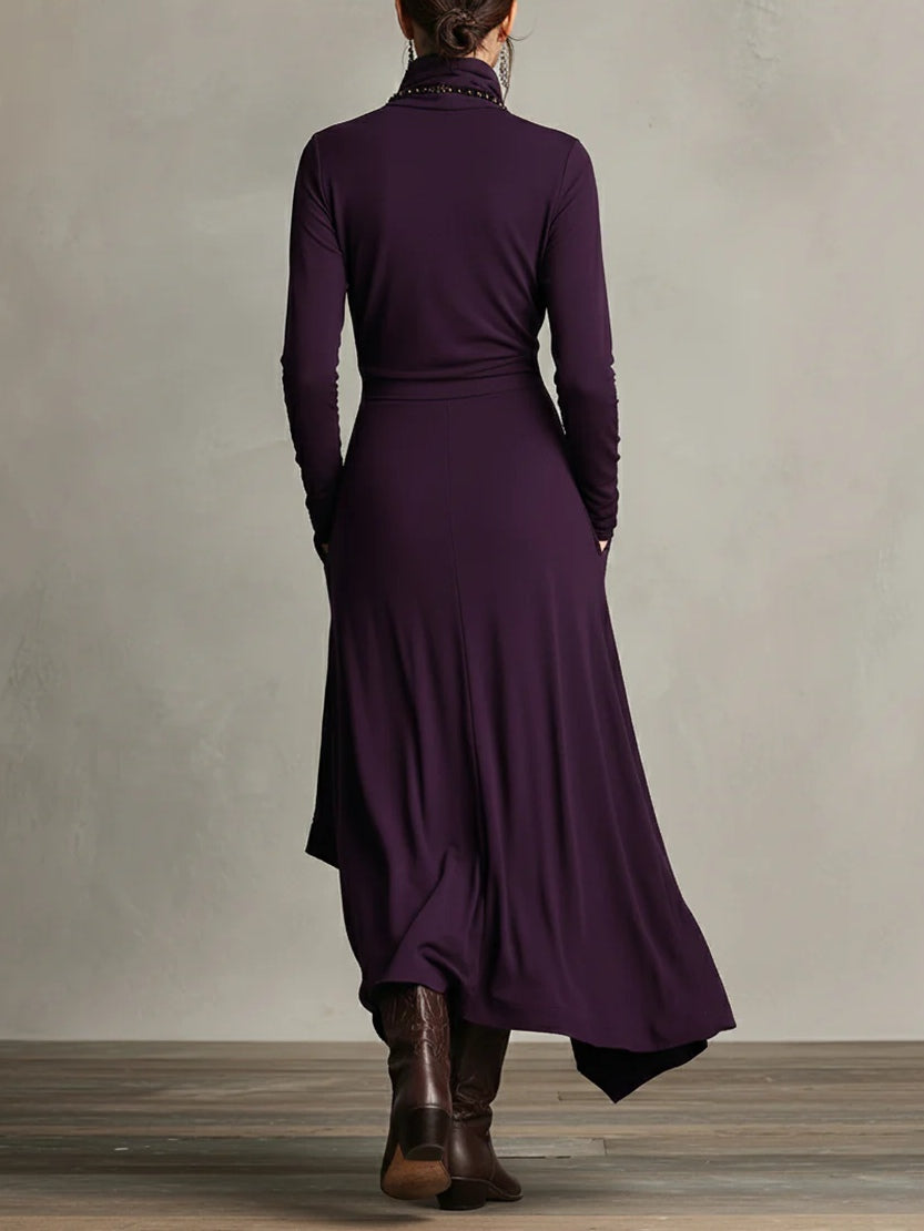 Aurelia · Asymmetrical Pleated Maxi Dress with High Collar