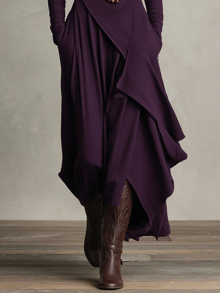 Aurelia · Asymmetrical Pleated Maxi Dress with High Collar