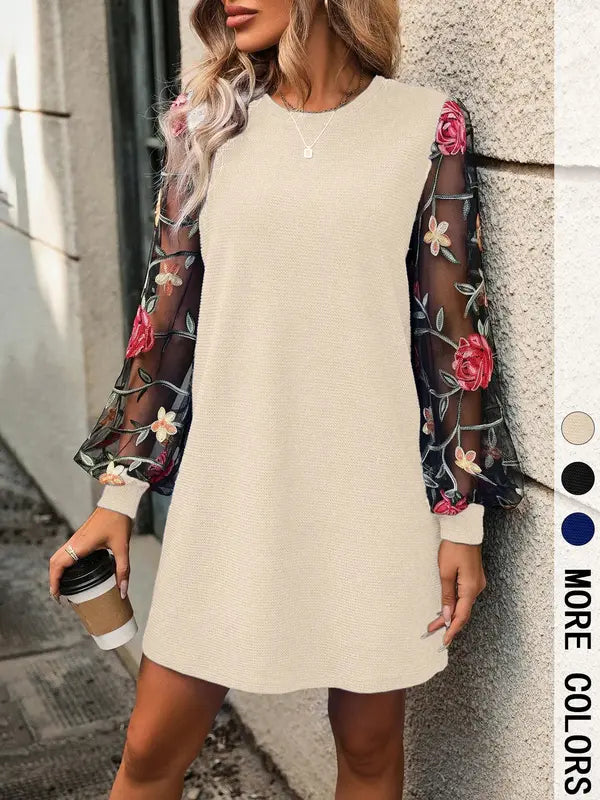 LENI™ - Elegant Floral Embroidery Bishop Sleeve Dress Long Sleeve Round Neck