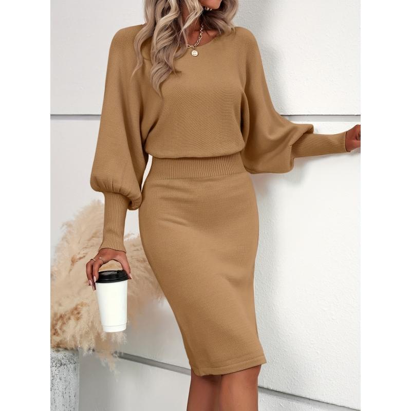 LEAH™ - Elegant Waisted Sweater Dress with Lantern Sleeves