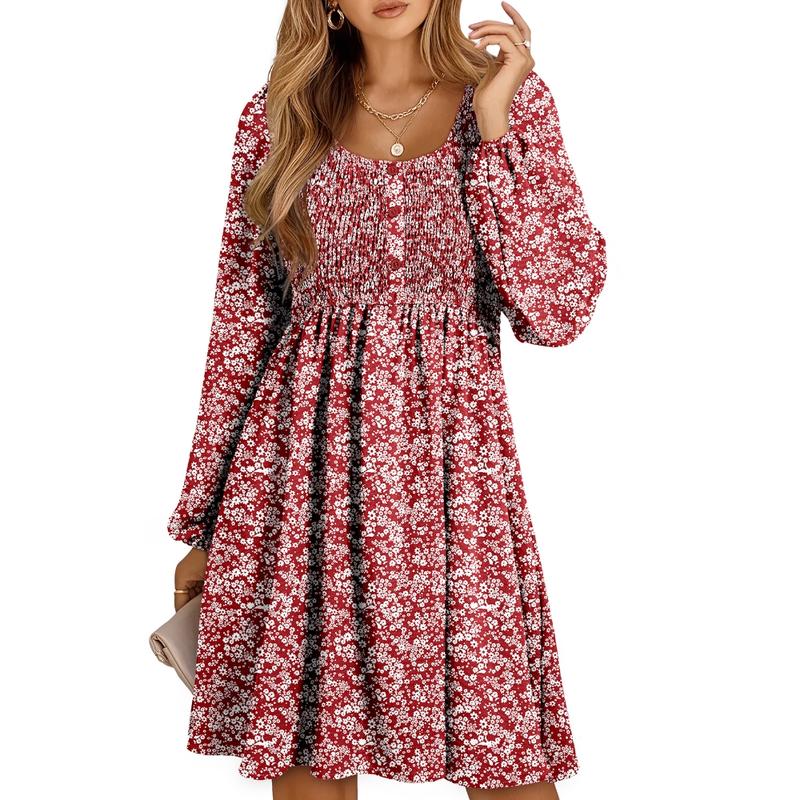 HARPER™ - Casual Smocked Empire Waist A-Line Dress with Button-Up Detail