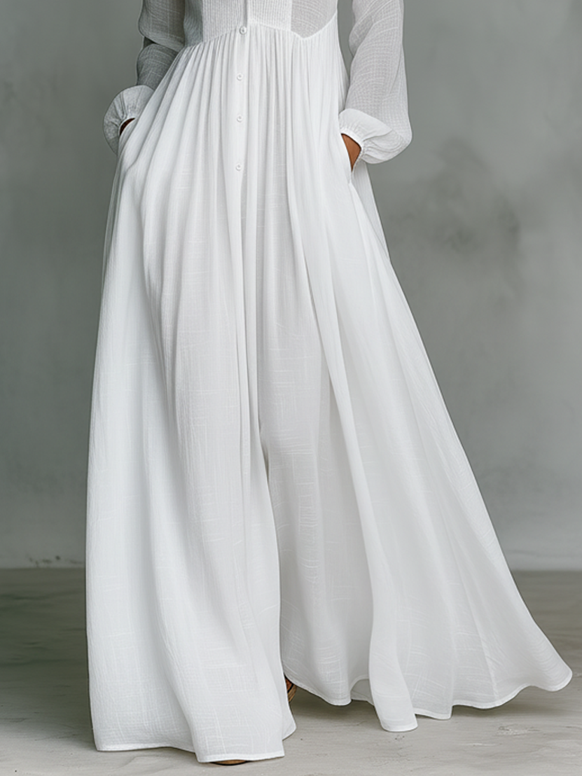Elisa · Maxi Minimalist in Cotton and Linen with Patchwork, High Collar and Long Sleeves