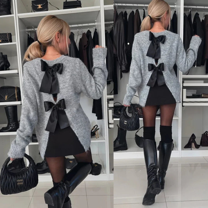 BELLA™ - Bow Back Ribbon Fuzzy Trim Sweater