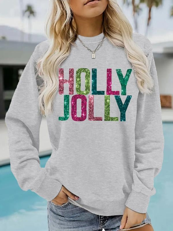 EVA™ - Glitter Letter Print Round Neck Sweatshirt for Fall & Winter